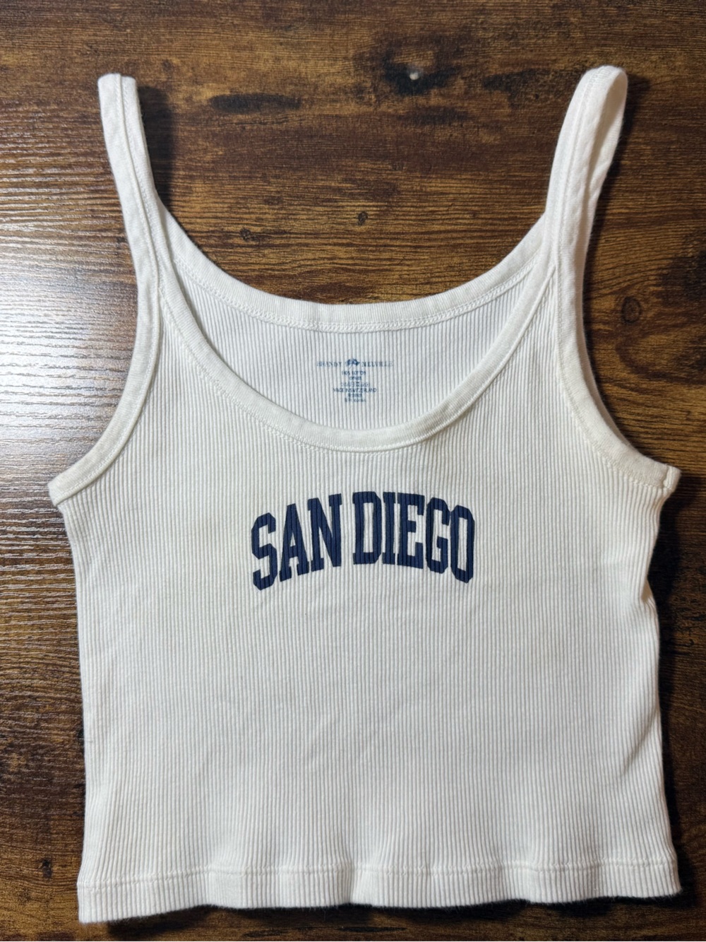 Like new BRANDY MELVILLE. White Ribbed Tank Top with "San Diego". Cropped.